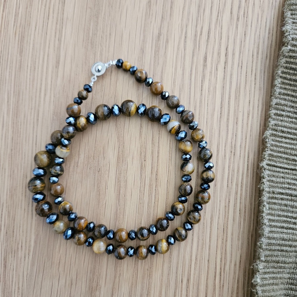 Tigers Eye Hematite Necklace Energy Stone Jewelry Healing‎ Women Men Reiki Gifts